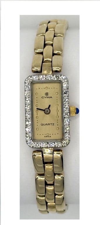 VINTAGE 14KT GOLD CYMA WRIST WATCH W/ DIAMOND BEZEL APPROX. 12 DWT & 6 1/2" LONG (1 of 7)