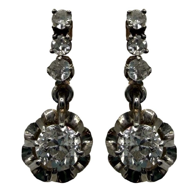 VINTAGE 14KY YELLOW GOLD & DIAMOND DROP EARRINGS CLIP ON, 8 DIAMONDS TOTAL OVER 1 CTW, APPROX. 2.9 (1 of 5)