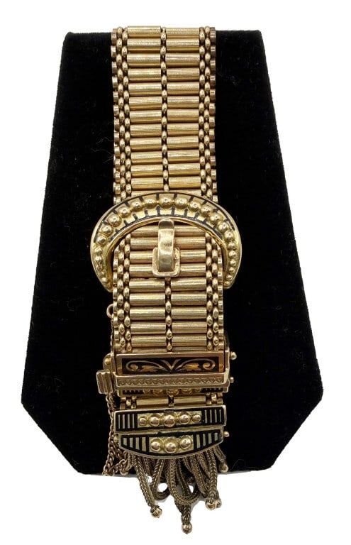 14KT GOLD BUCKLE BRACELET W/ HAMILTON WATCH & ENAMEL ACCENTS 43.0 DWT: 14KT GOLD BUCKLE BRACELET W/ HAMILTON WATCH & ENAMEL ACCENTS 43.0 DWT