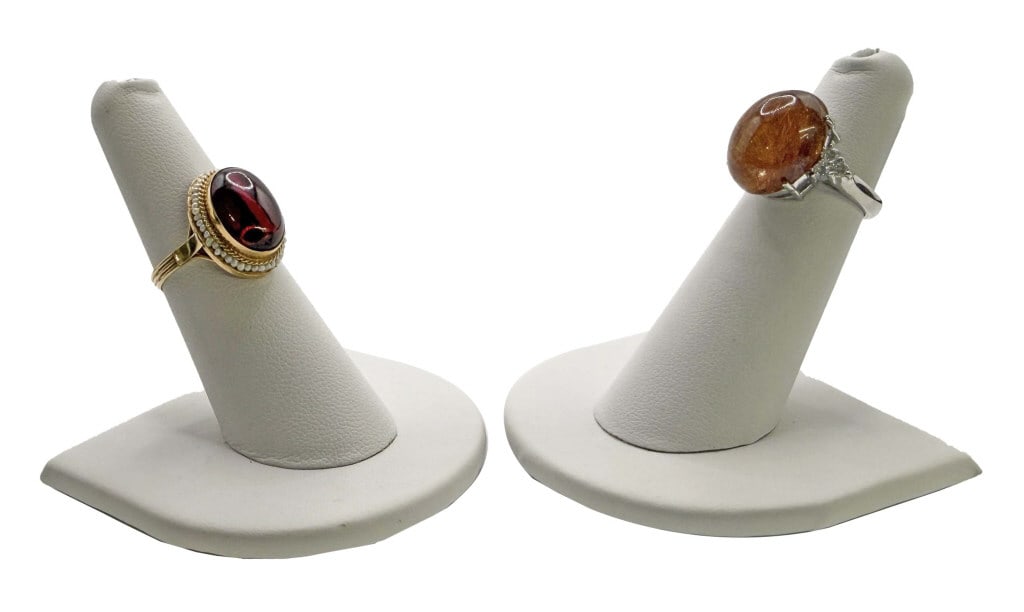 2 RINGS: RUTILATED QUARTZ W/ DIAMS. IN 14 KT GOLD& RED STONE W/ PEARL HALO IN 14 KT GOLD RING SIZE 6 (1 of 8)