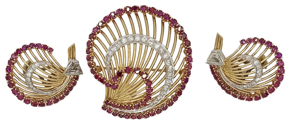 14KT VINTAGE SEASHELL BROOCH & EARRING EMSEMBLE DIAMONDS & RUBIES, CLIP ON EARRINGS APPROX. 21.2 DWT (1 of 8)