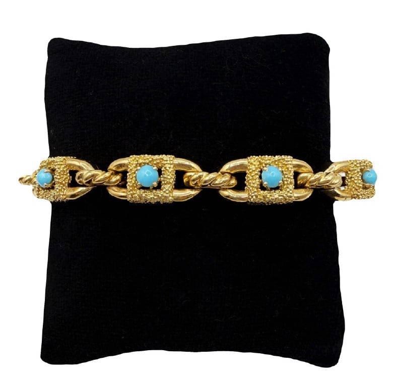VINTAGE YELLOW GOLD BRACELET W/ CABOCHON TURQUOISE ACCENTS MARKED TIFFANY & CO 18KT, 8" LONG: VINTAGE YELLOW GOLD BRACELET W/ CABOCHON TURQUOISE ACCENTS MARKED TIFFANY & CO 18KT, 8" LONG APPROX. 35.4 DWT
