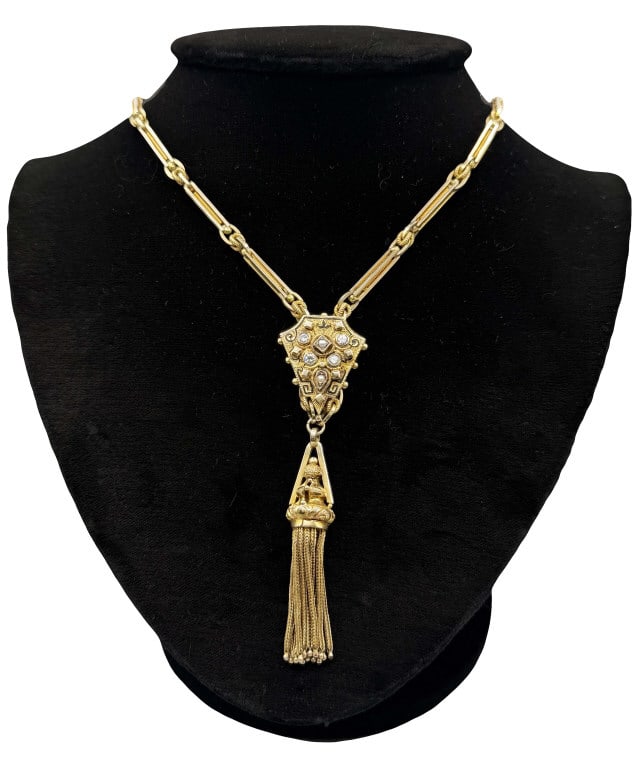 ANTIQUE VICTORIAN NECKLACE WITH SLIDE MEDALLION DIAMONDS & PEARLS, TESTS 14KT 17 1/2" LONG APPROX.: ANTIQUE VICTORIAN NECKLACE WITH SLIDE MEDALLION DIAMONDS & PEARLS, TESTS 14KT 17 1/2" LONG APPROX. 44.8 DWT