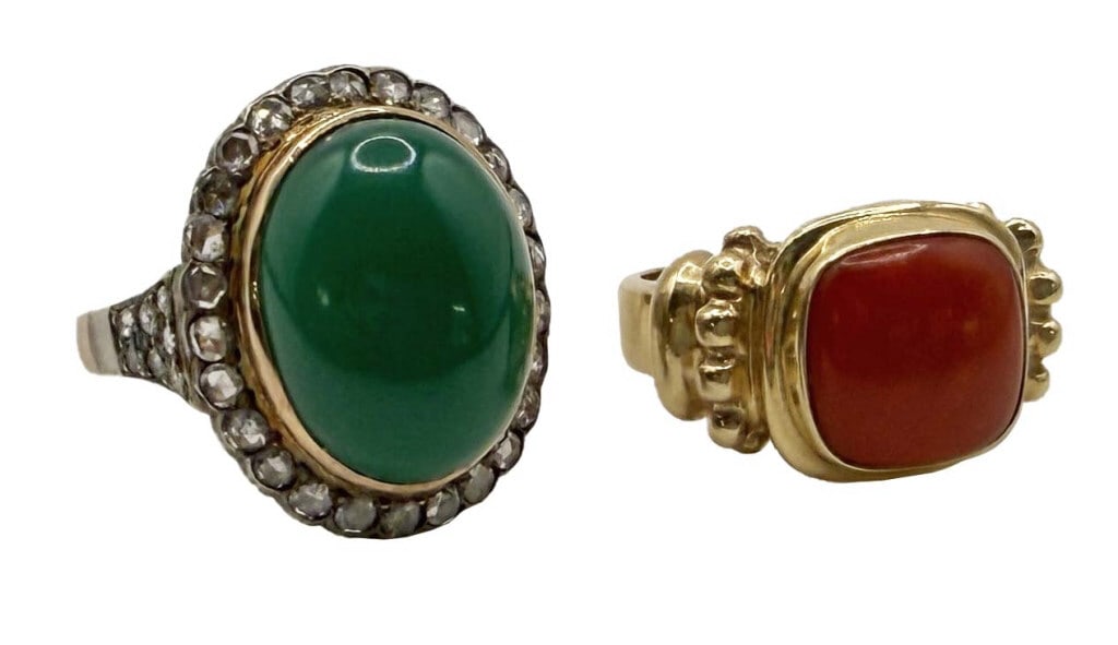 2 RINGS: GREEN STONE W/ DIAM HALO &14KT CORAL RING IN 14KT (4.9 -18KT 6 1/2 RING SIZE) (3.7 14 KT (1 of 11)