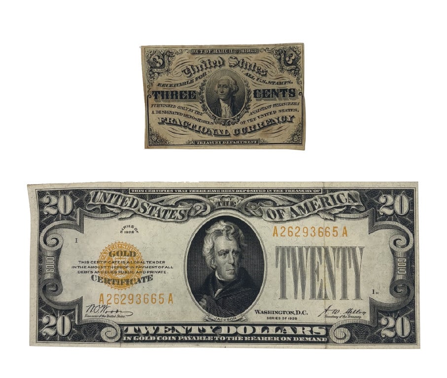 1928 $20.00 GOLD CERTIFICATE & FRACTIONAL CURRENCY 3 CENT BILL (1 of 6)