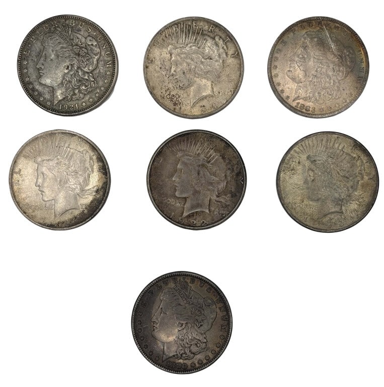 7 SILVER DOLLARS: 3 MORGAN HEAD & 4 PEACE DOLLARS VARIOUS DATES & MINTS: 7 SILVER DOLLARS: 3 MORGAN HEAD & 4 PEACE DOLLARS VARIOUS DATES & MINTS