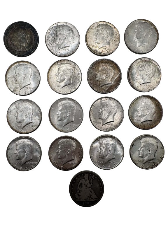 17 HALF DOLLARS INC. 1- 1893 COLUMBUS EXPO, 1-1861 SEATED LIBERTY & 15 1964 KENNEDY 1/2"S: 17 HALF DOLLARS INC. 1- 1893 COLUMBUS EXPO, 1-1861 SEATED LIBERTY & 15 1964 KENNEDY 1/2"S