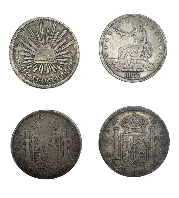 4 SILVER DOLLAR SIZED COINS INC. 1877 TRADE DOLLAR 1841 MEXICAN LIBERTY HAT & 2 PCS OF EIGHT, 1795 &: 4 SILVER DOLLAR SIZED COINS INC. 1877 TRADE DOLLAR 1841 MEXICAN LIBERTY HAT & 2 PCS OF EIGHT, 1795 & 1796 (1 DRILLED)