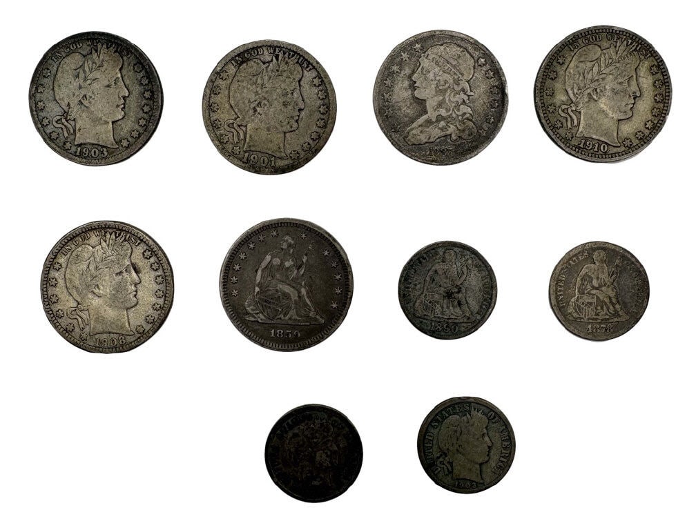 ASST'D. EARLY US COINAGE INC. 6- 19THC. QUARTERS, 4- 19THC. US DIMES: ASST'D. EARLY US COINAGE INC. 6- 19THC. QUARTERS, 4- 19THC. US DIMES