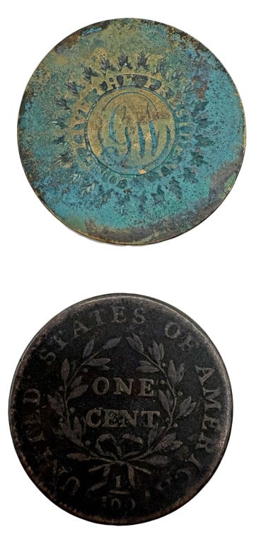 GEORGE WASHINGTON INAUGURAL BUTTON (DUG) & 1793 ? PENNY: GEORGE WASHINGTON INAUGURAL BUTTON (DUG) & 1793 ? PENNY