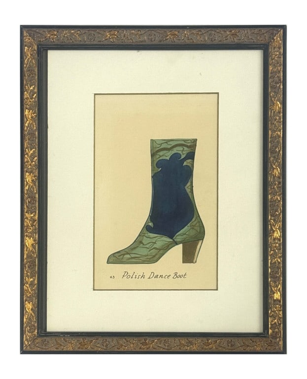 ANDY WARHOL GOUACHE ON PAPER "POLISH DANCE BOOT" TITLED BY ARTIST IN VERSO CALLIGRAPHY BY HIS MOTHER: ANDY WARHOL GOUACHE ON PAPER "POLISH DANCE BOOT" TITLED BY ARTIST IN VERSO CALLIGRAPHY BY HIS MOTHER JULIA WARHOL 10 5/8" X 7"