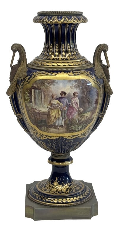 37" TALL SEVRES STYLE GILT BRONZE MOUNTED URN PORCELAIN (CRACK IN SOCLE) 20" WIDE: 37" TALL SEVRES STYLE GILT BRONZE MOUNTED URN PORCELAIN (CRACK IN SOCLE) 20" WIDE