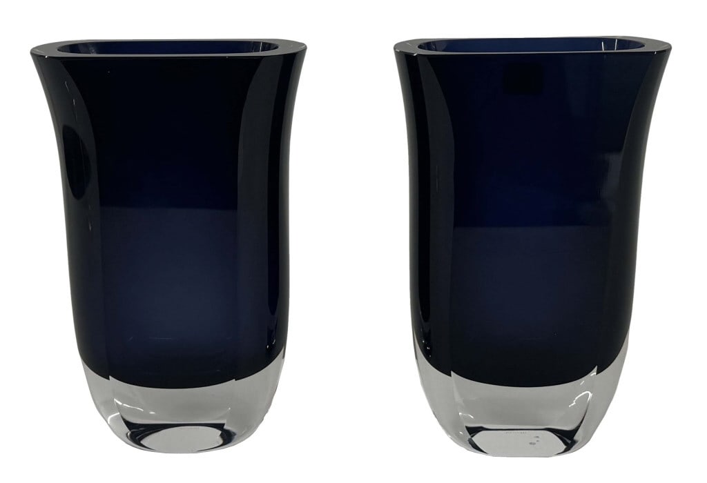PR OF 20THC. CASED GLASS VASES SIGNED BLOCK CARGENTINA COBALT TO CLEAR 9 1/4" X 6" (1 of 6)