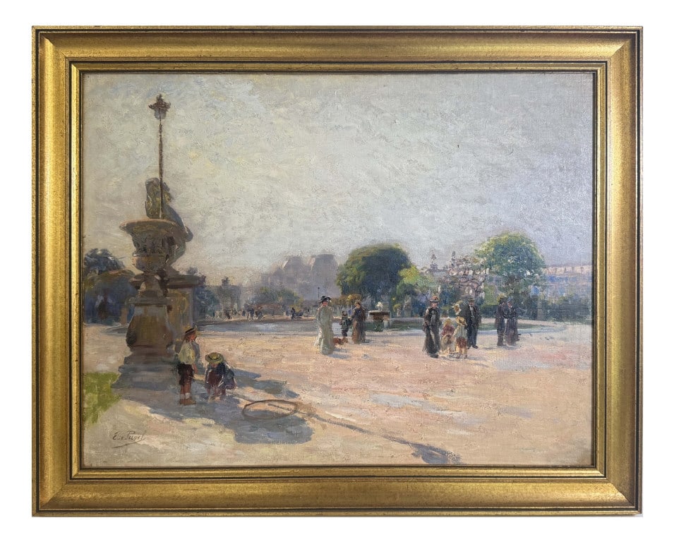 OIL / BOARD ELIE PAVIL (1873 - 1948) "THE FOUNTAIN AT PARK ENTRANCE, PARIS" 20" X 25 1/2": OIL / BOARD ELIE PAVIL (1873 - 1948) "THE FOUNTAIN AT PARK ENTRANCE, PARIS" 20" X 25 1/2"