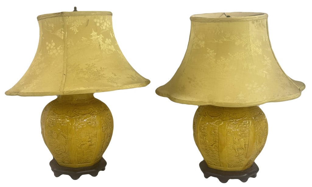 PR OF YELLOW GLAZED ORIENTAL POTTERY LAMPS: PR OF YELLOW GLAZED ORIENTAL POTTERY LAMPS