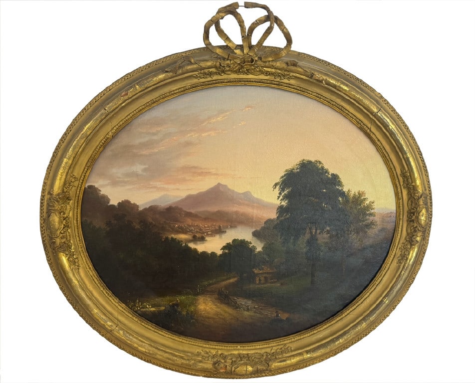 HUDSON RIVER SCHOOL OVAL LUMINARY LANDSCAPE ON NYC CANVAS C.1840 W/ LETTER OF PROVENANCE &: HUDSON RIVER SCHOOL OVAL LUMINARY LANDSCAPE ON NYC CANVAS C.1840 W/ LETTER OF PROVENANCE & EXHIBITION RECORD 25" X 30"
