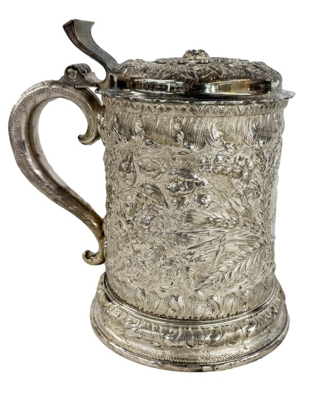 TIFFANY & CO. HAND CHASED STERLING SILVER TANKARD HEAVY REPOUSSE 9" X 9" APPROX. 36.4 TROY OZ: TIFFANY & CO. HAND CHASED STERLING SILVER TANKARD HEAVY REPOUSSE 9" X 9" APPROX. 36.4 TROY OZ