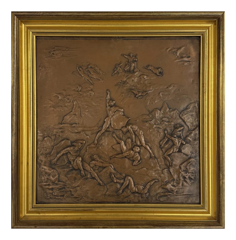 FRAMED BRONZE BAS RELIEF BY EMILE PICAULT, 1869 MYTHOLOGICAL SCENE 19 1/2" X 19 1/2": FRAMED BRONZE BAS RELIEF BY EMILE PICAULT, 1869 MYTHOLOGICAL SCENE 19 1/2" X 19 1/2"