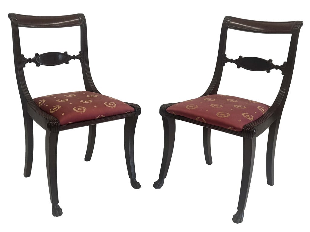 PR OF DUNCAN PHYFE SIDE CHAIRS W/ CARVED PAW FEET GINSBERG & LEVY PROVENANCE 32 1/2" X 19" X 19 1/4": PR OF DUNCAN PHYFE SIDE CHAIRS W/ CARVED PAW FEET GINSBERG & LEVY PROVENANCE 32 1/2" X 19" X 19 1/4"