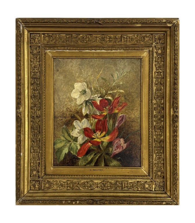 OIL/ PANEL BY C. BAXTER FLORAL STILL LIFE (1809 - 1879) 11 7/8" X 10": OIL/ PANEL BY C. BAXTER FLORAL STILL LIFE (1809 - 1879) 11 7/8" X 10"