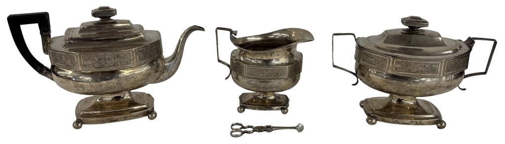 C.1815 COIN SILV ER 3 PC TEA SET BY HUGH WISHART WITH GEORGIAN SUGAR TONGS APPROX. 60 TROY OZ (1 of 12)