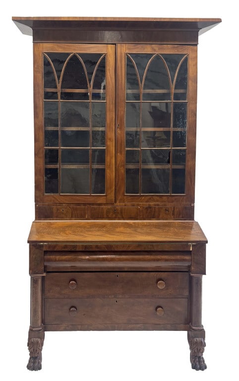 FEDERAL NY SECRETARY W/ GOTHIC INSPIRED GLASS PANELS IN BOOKCASE TOP 87 1/2" X 52" X 25" (CARCASS (1 of 7)