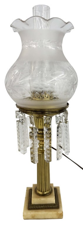 ASTRAL LAMP WITH BRASS COLUMNAR BASE & SNOW FLAKE PRISMS, ELECTRIFIED (1 of 5)
