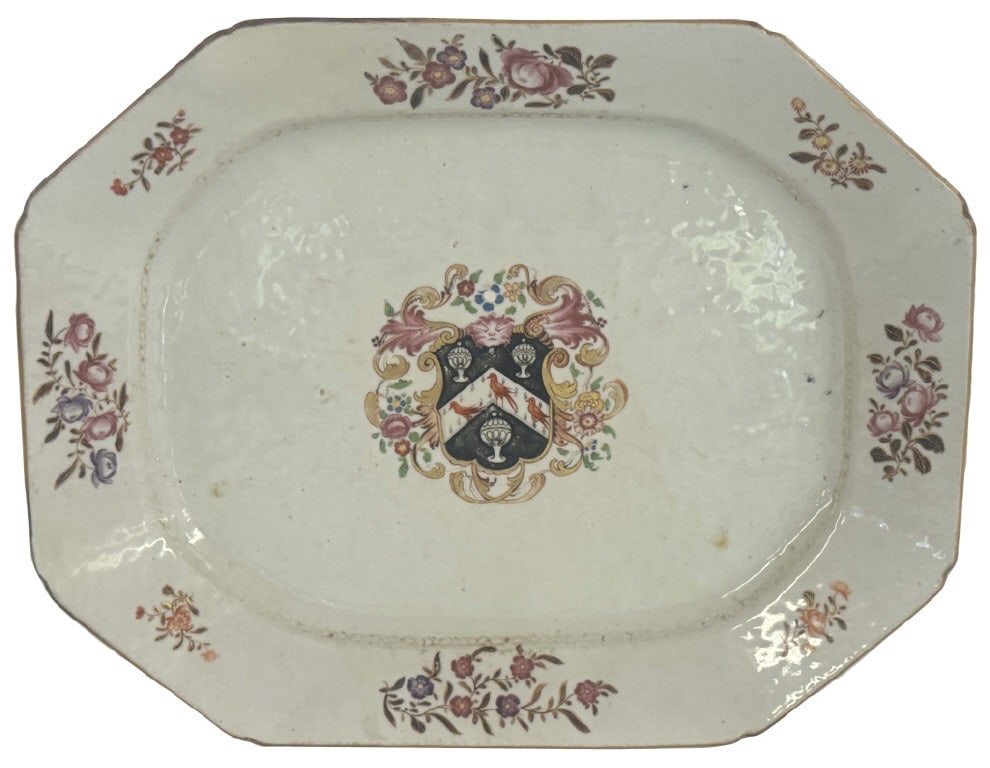 18THC. CHINESE EXPORT ARMORIAL PORCELAIN PLATTER 14 1/2" X 11 1/2" (1 of 2)