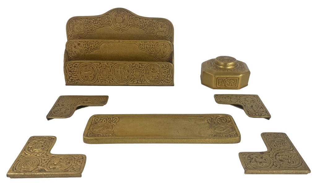 TIFFANY STUDIOS "ZODIAC" PATTERN INK POT & LETTER STAND IN GOLD DORE FINISH STAND 9 1/2" X 6 1/4" (1 of 16)