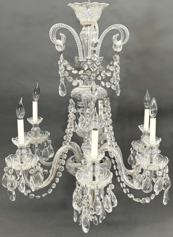 CRYSTAL CHANDELIER, PROB. WATERFORD W/ 6 ARMS 36" X 27": CRYSTAL CHANDELIER, PROB. WATERFORD W/ 6 ARMS 36" X 27"