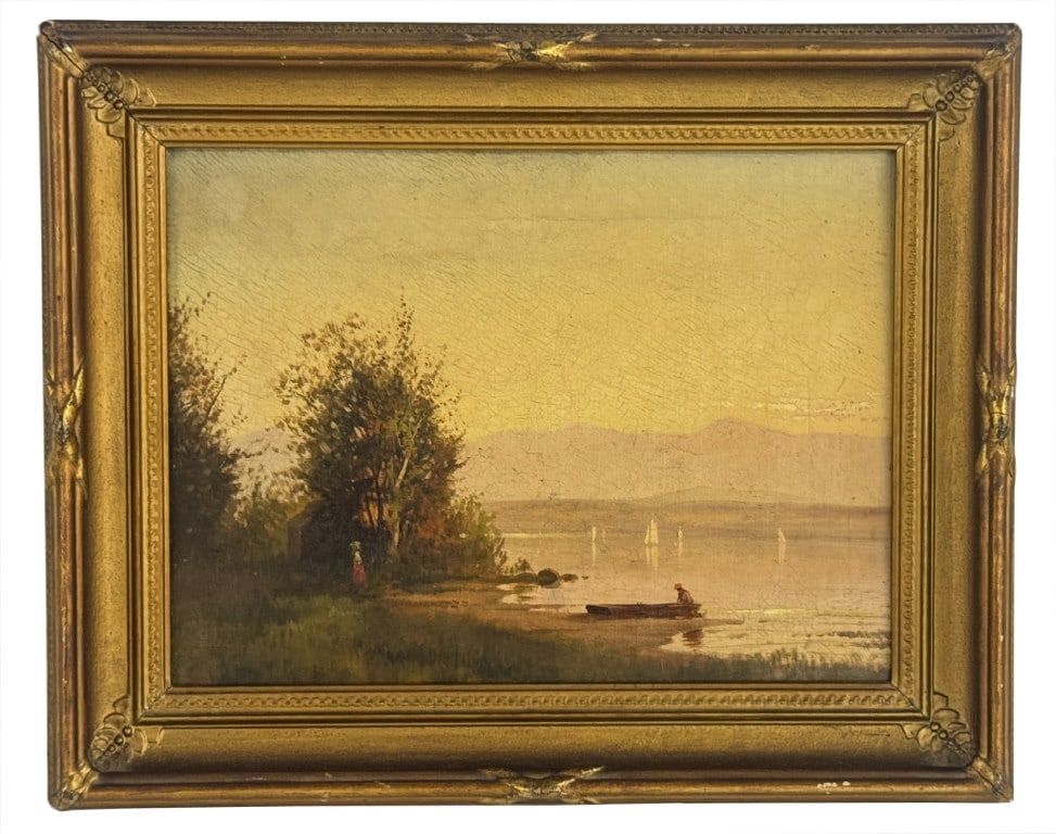 O/ C ARTHUR PARTON, "SOUTH BAY, HUDSON, NY THE CATSKILLS IN THE DISTANCE" C. 1870 9" X 12" (1 of 6)
