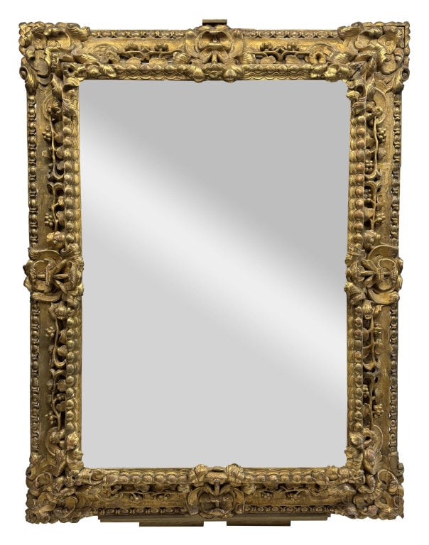 LARGE EARLY 19THC. CARVED & GILDED FRAME LATER MIRROR PLATE 60" X 40 1/2" SITE SIZE 78" X 58 1/2" (1 of 8)