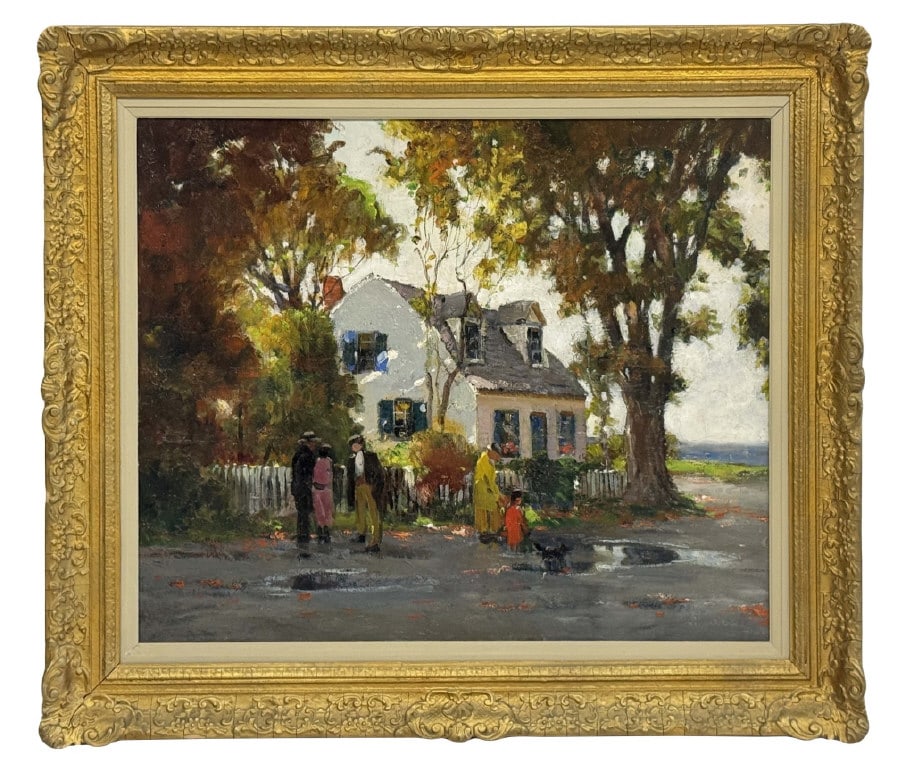 O/C ANTHONY THIEME (1888-1954) NEW ENGLAND WATER FRONT, SIGNED & TITLED ON STRETCHER & INSCRIBED IN: O/C ANTHONY THIEME (1888-1954) NEW ENGLAND WATER FRONT, SIGNED & TITLED ON STRETCHER & INSCRIBED IN WET PAINT 25" X 30"