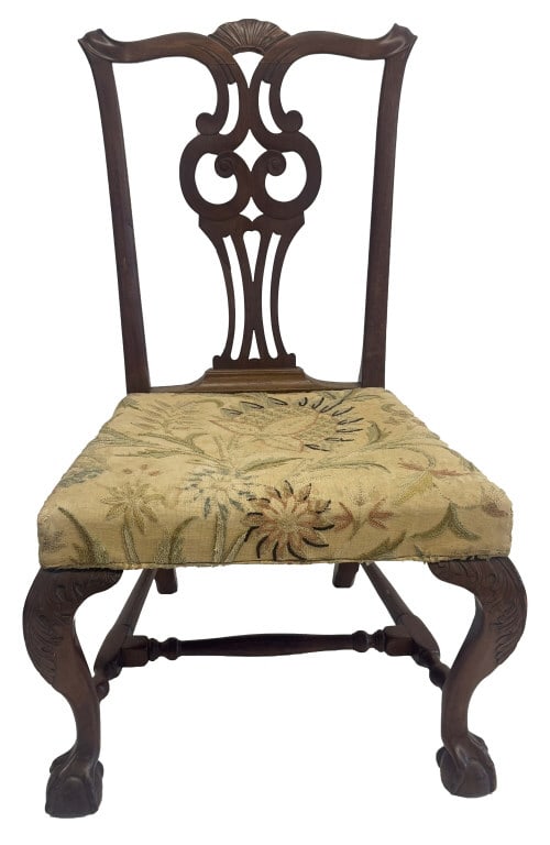 C. 1770 BOSTON CHIPPENDALE SIDECHAIR W/ CARVED KNEES AND CLAW AND BALL FEET 36 1/2" X 23" X 21" (1 of 7)