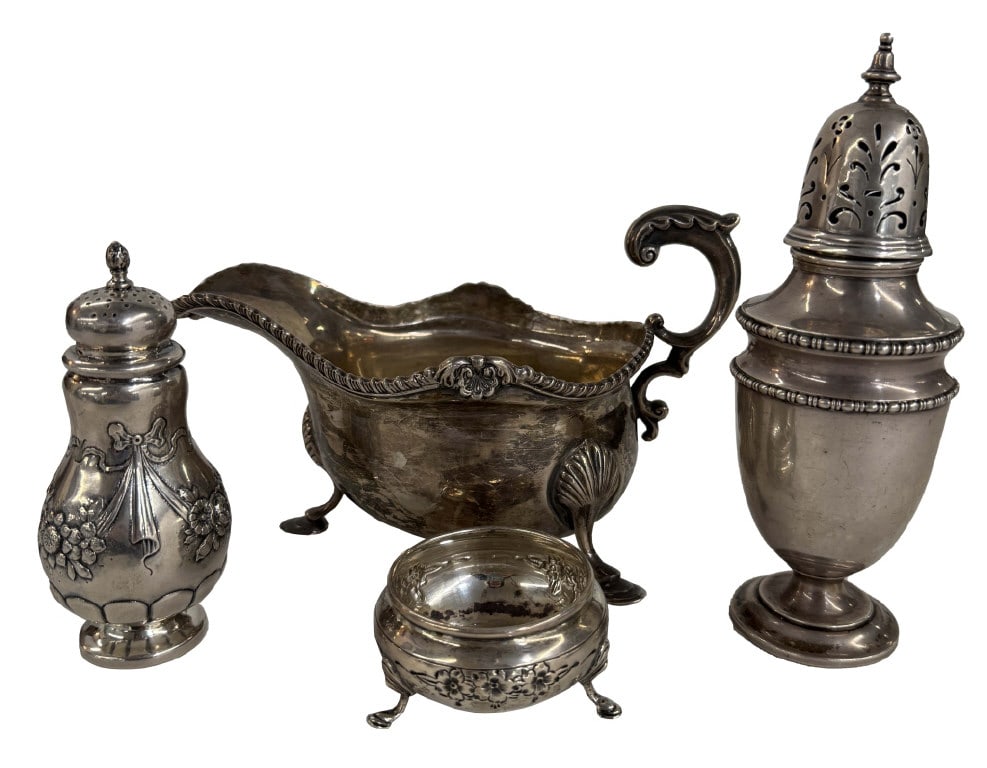 STERLING SILVER OPEN SALT, PEPPER POT, SAUCE BOAT & SUGAR CASTOR, ENGLISH HALLMARKED APPROX. 21.2: STERLING SILVER OPEN SALT, PEPPER POT, SAUCE BOAT & SUGAR CASTOR, ENGLISH HALLMARKED APPROX. 21.2 TROY OZ