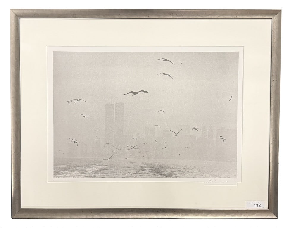 GEORGE FORSS BLACK & WHITE SILVER GELATIN PHOTOGRAPH SIGNED & DATED 2003 WORLD TRADE CENTER & GULLS: GEORGE FORSS BLACK & WHITE SILVER GELATIN PHOTOGRAPH SIGNED & DATED 2003 WORLD TRADE CENTER & GULLS ON A FOGGY DAY IMAGE 17 1/2" X 25 3/8" FRAME SIZE 29" X 37"