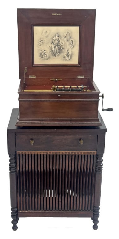 REGINA SINGLE COMB DISC MUSIC BOX ON STAND WITH DISCS 39" TALL XX 19" DEEP X 24 1/2" WIDE OVERALL (1 of 5)
