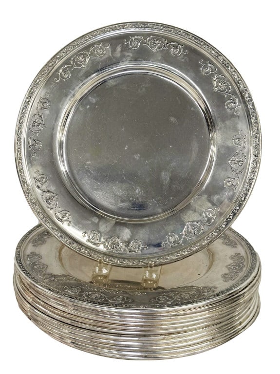 SET OF 12 STERLING SILVER 11 1/4" SERVICE PLATES WITH EMBOSSED FLORAL & SCROLL BORDER APPROX. 261.43 (1 of 4)