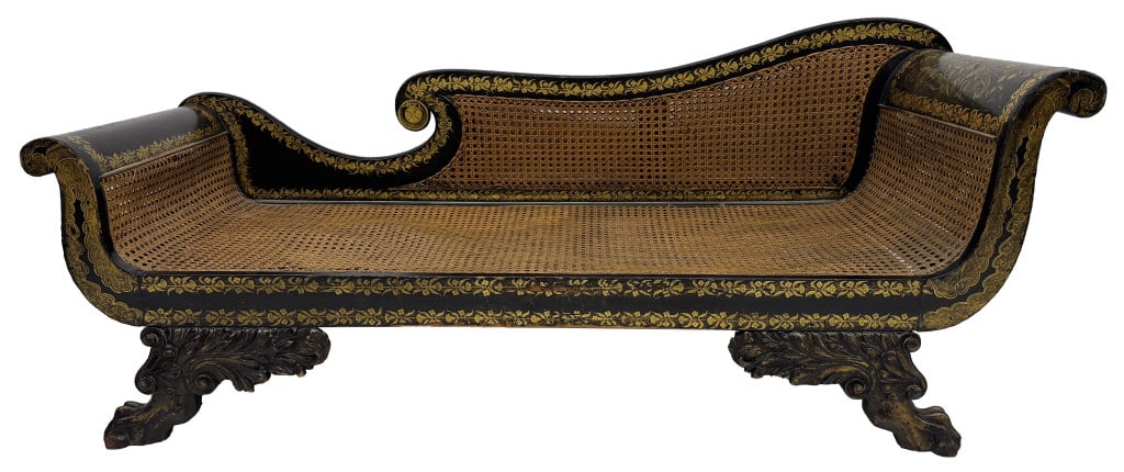 STENCILED & CANED CLASSICALLY CARVED RECAMIER NYC C. 1825 DEMING & BULKLEY 27 1/2" X 66 1/4" X 23 (1 of 9)