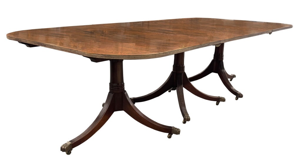 19THC. SOLID MAHOGANY 3 PEDESTAL DINING TABLE W/ REEDED SABER LEGS, REGENCY, 100 1/2" W/O & 148 (1 of 5)