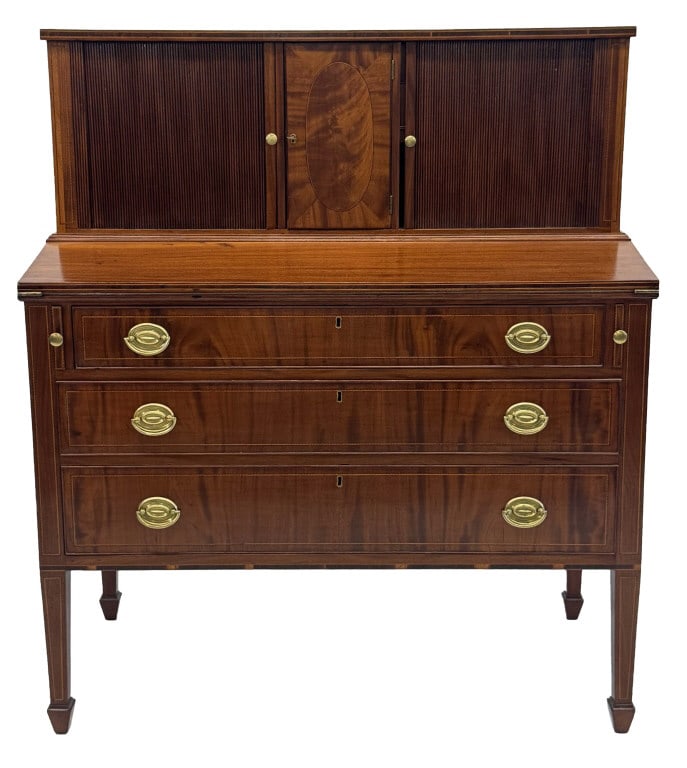 C. 1805 MA SPADE FOOT INLAID TAMBOUR TOP DESK 47" X 40" X 20 1/2" (1 of 9)