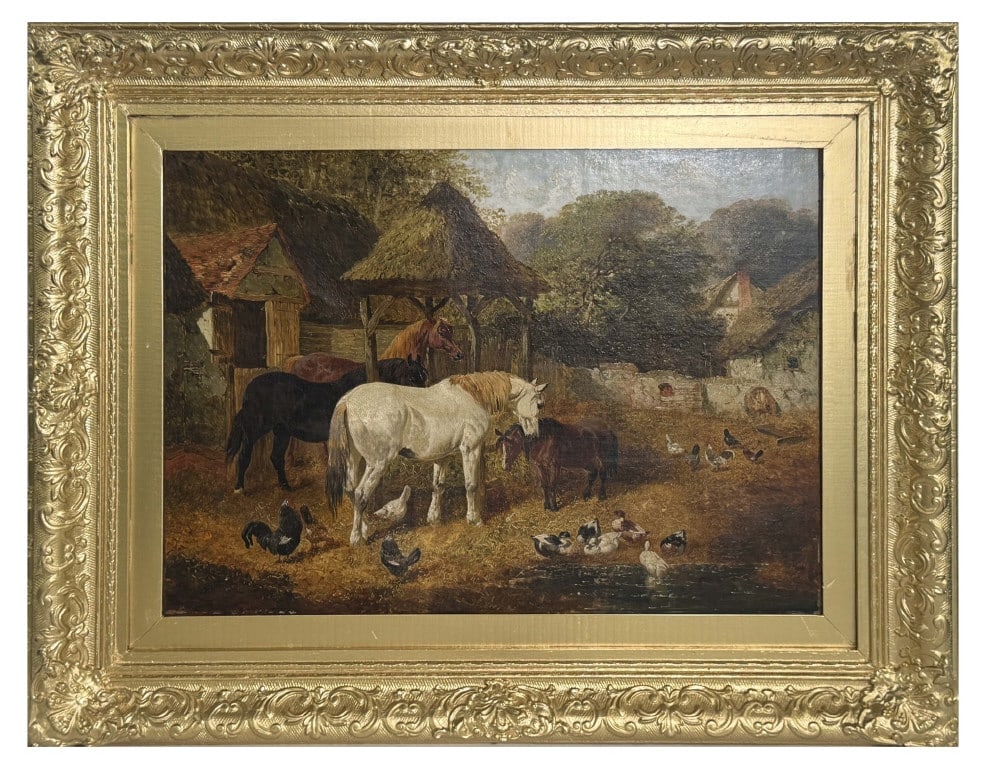 O/C FARMYARD SCENE LABELED IN VERSO JOHN HERRING (1795- 1865) 18 1/4" X 23 3/4" (1 of 7)