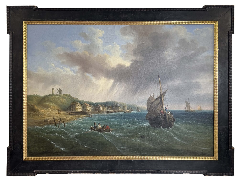 OIL/CANVAS 19THC. CONTINENTAL SCHOOL "SEASCAPE WITH SHORELINE VILLAGE" 21 1/4" X 28 3/4": OIL/CANVAS 19THC. CONTINENTAL SCHOOL "SEASCAPE WITH SHORELINE VILLAGE" 21 1/4" X 28 3/4"