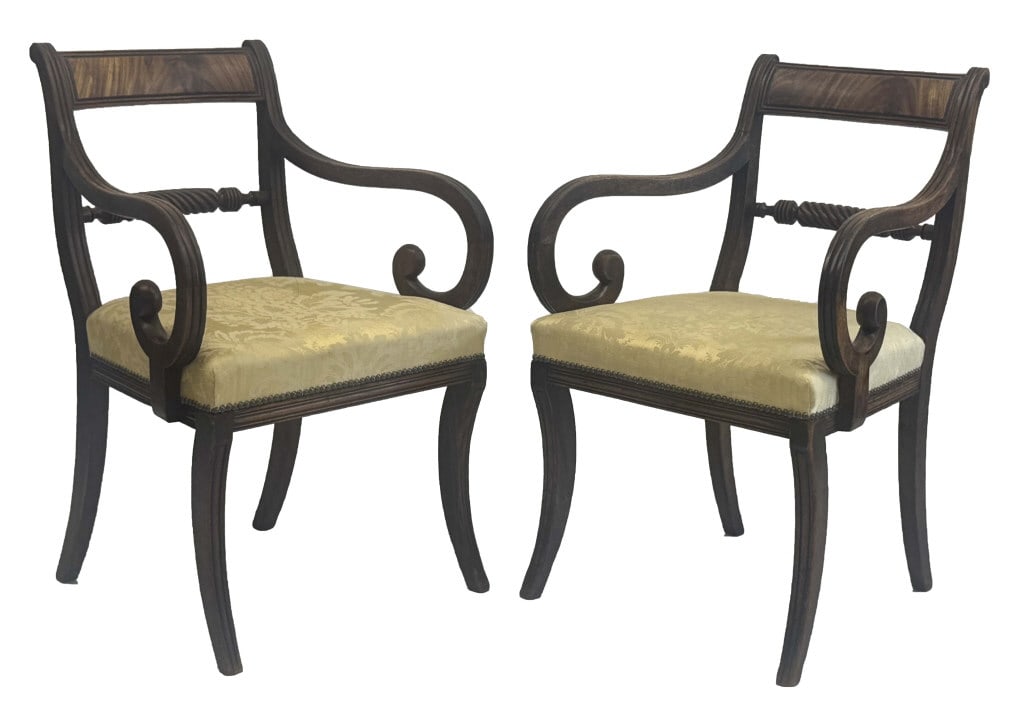 PR OF CLASSICAL MAHOGANY ARM CHAIRS C. 1830 33 1/2" X 22 1/2" X 22" (1 of 7)