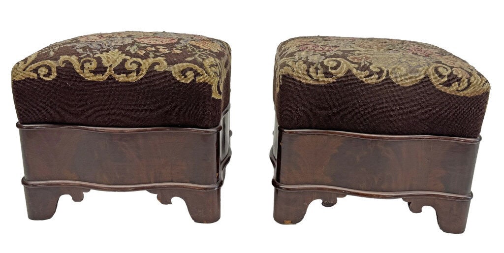 PR OF AMERICAN EMPIRE MAHOGANY OTTOMANS W/ NEEDLEPOINT UPHOLSTERY 16 1/2" X 16 1/2" X 18 1/2" (1 of 4)