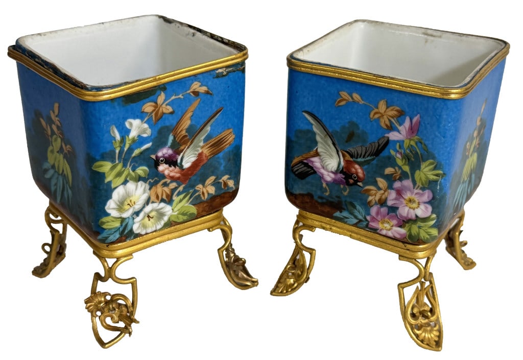 PR OF FRENCH HAND PAINTED PORCELAIN CACHE POTS ON GILT METAL STANDS, MID 19THC. OLD REPAIR 5" X 3 (1 of 4)