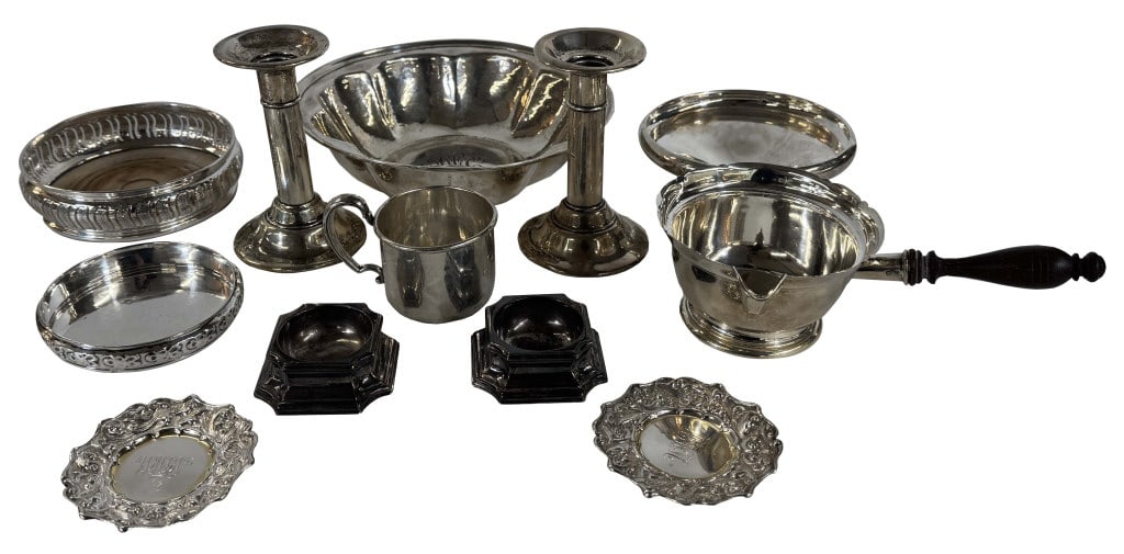 LG GROUP OF STERLING TABLE ARTICLES, 2 WINE COASTERS, FRUIT BOWL, BRANDY WARMER, CANDLESTICKS, OPEN (1 of 10)