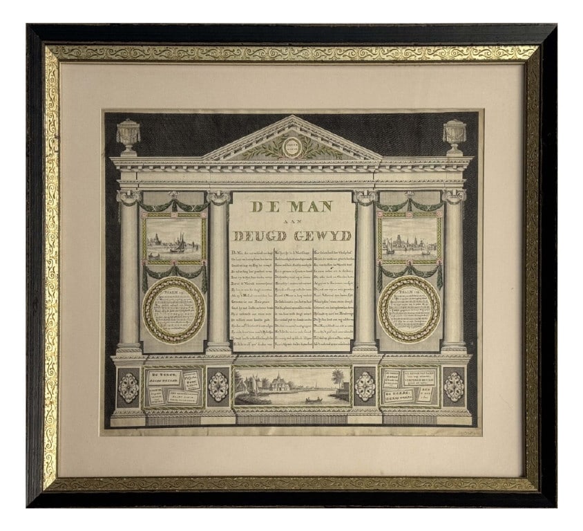 SENSATIONAL PEN & INK CERTIFICATE IN DUTCH, "THE MAN DEDICATED TO VIRTUE" DATED 1801, LANDSCAPE &: SENSATIONAL PEN & INK CERTIFICATE IN DUTCH, "THE MAN DEDICATED TO VIRTUE" DATED 1801, LANDSCAPE & ARCHITECTURAL 16" X 20 1/2" SITE SIZE