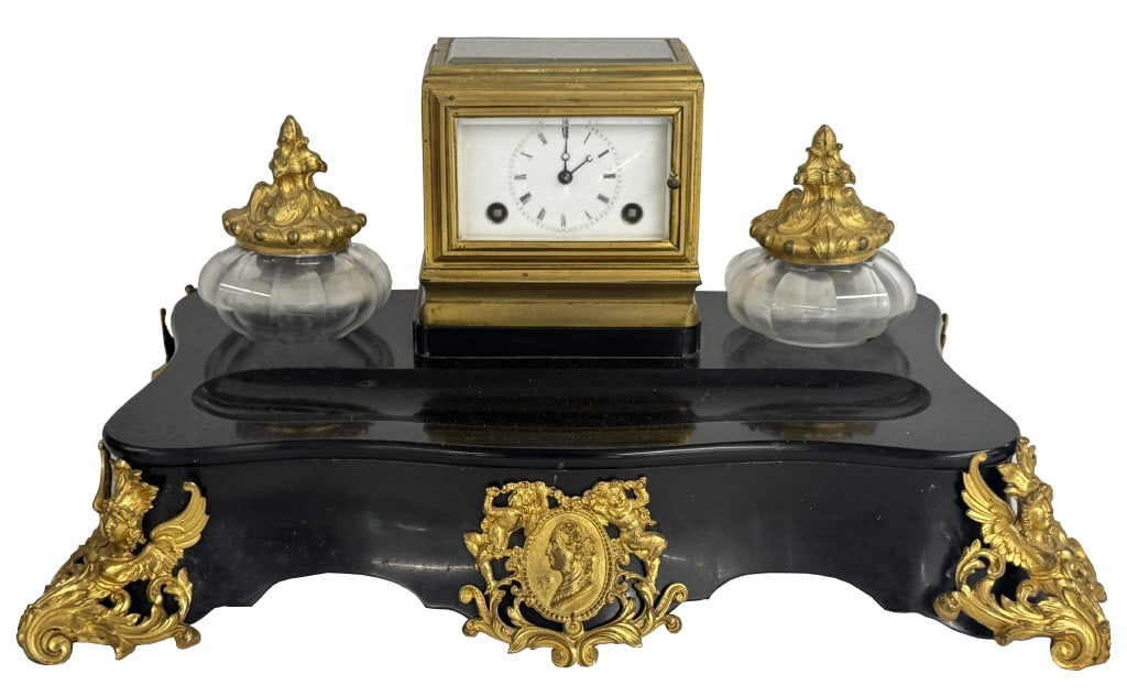FRENCH SLATE & ORMOLU INK STAND WITH CLOCK 7" X 15" X 10" (1 of 5)