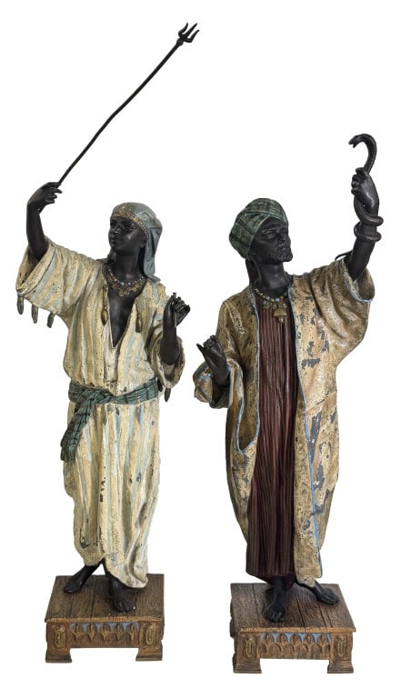 PR OF CAST ZINC COLD PAINTED ORIENTALIST FIGURES "THE SNAKE CHARMER" & "THE TRIDENT BEARER" BOTH (1 of 10)